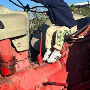 Rowing Blazers x Target khaki skinny pants with green leaf pattern down side